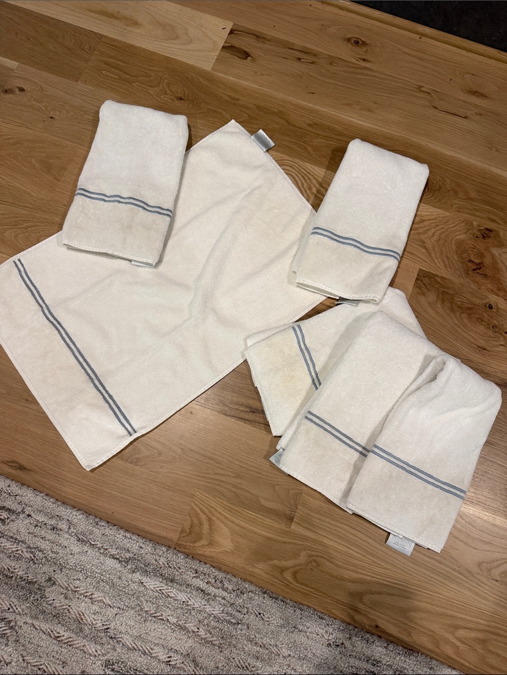 6 Restoration Hardware Cream Hand Towels with Grayish blue Stripe